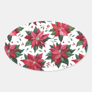 Red Poinsettia och Berries Sticker Ovalt Klistermärke