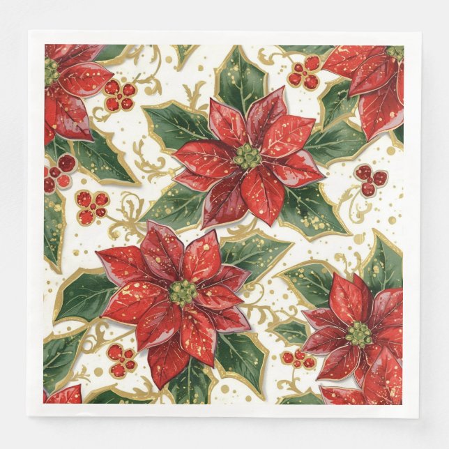 Red Poinsettia och Holly-julvinter Pappersservett (Framsida)