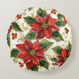 Red Poinsettia och Holly-julvinter Rund Kudde