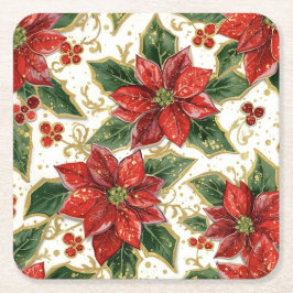 Red Poinsettia och Holly-julvinter Underlägg Papper Kvadrat