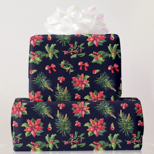 Red Poinsettia och Holly Söt Roll of Presentpapper (Skapare uppladdad)