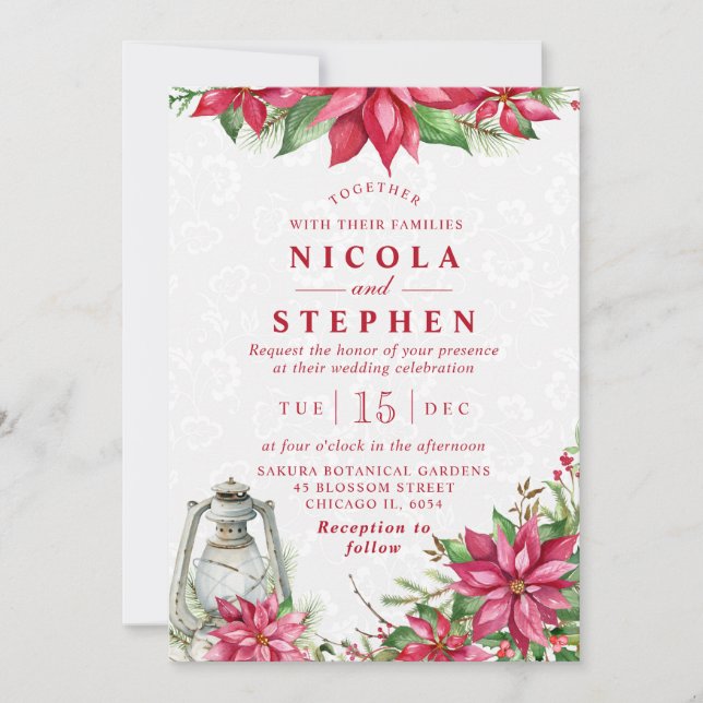 Red Poinsettia och Lantern Winter Wedding Inbjudningar (Framsida)
