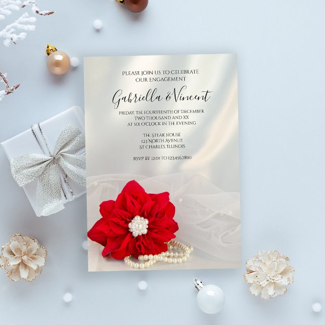 Red Poinsettia och Pearls Winter Förlovningsfest Inbjudningar (Celebrate your December winter engagement with the Red Poinsettia and Pearls Invitation.)