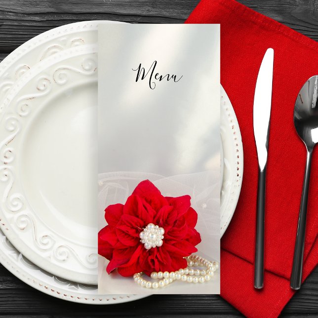 Red Poinsettia och Pearls Winter Wedding Menu Meny (Set a festive table for your December event with the elegant Poinsettia and Pearls Winter Menu.)