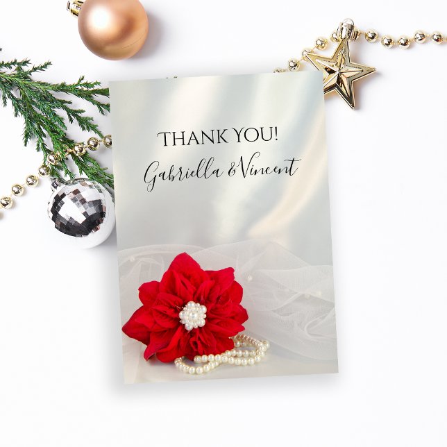 Red Poinsettia och Pearls Winter Wedding Tack (Show your appreciation after your December wedding with the Red Poinsettia and Pearls Thank You Note)