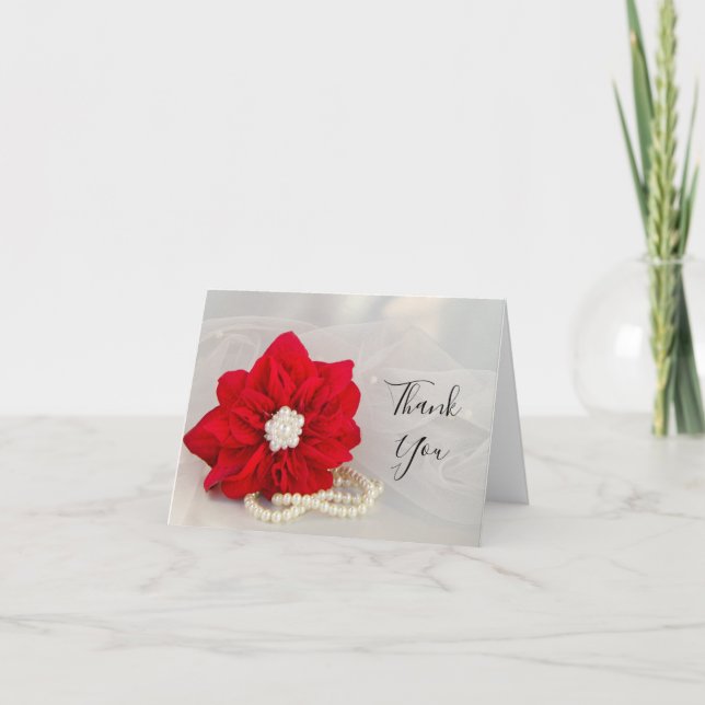 Red Poinsettia och Pearls Winter Wedding Tack Kort (Framsida)