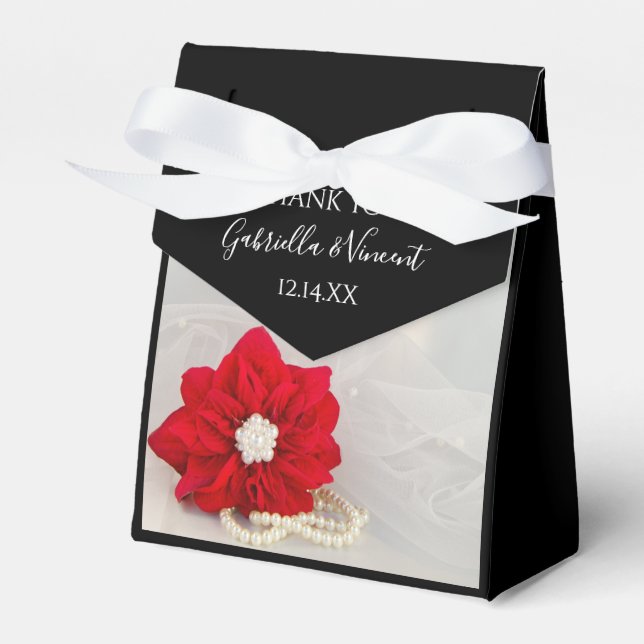Red Poinsettia och White Pearls Winter Wedding Presentaskar (Framsidan Sidan)