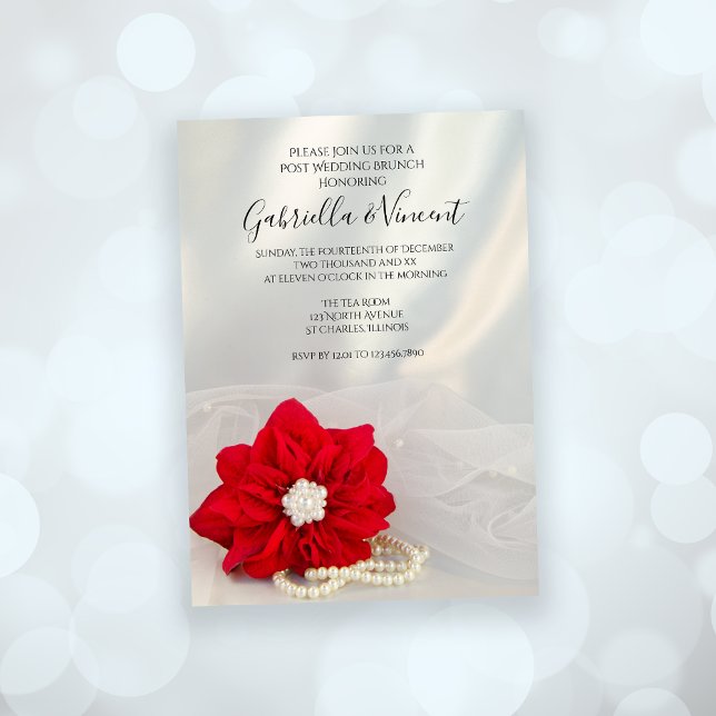 Red Poinsettia Pearls Winter Post Bröllop Brunch Inbjudningar (Set an elegant tone for your December event with the Poinsettia and Pearls Wedding Brunch Invitation)