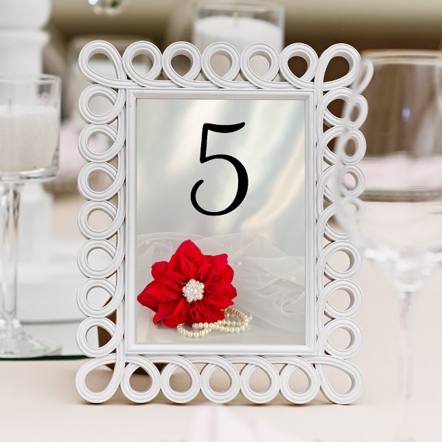 Red Poinsettia Pearls Winter Wedding Bordsnummers Bordsnummer (Set a festive table for your December event with the Poinsettia and Pearls Winter Table Numbers.)