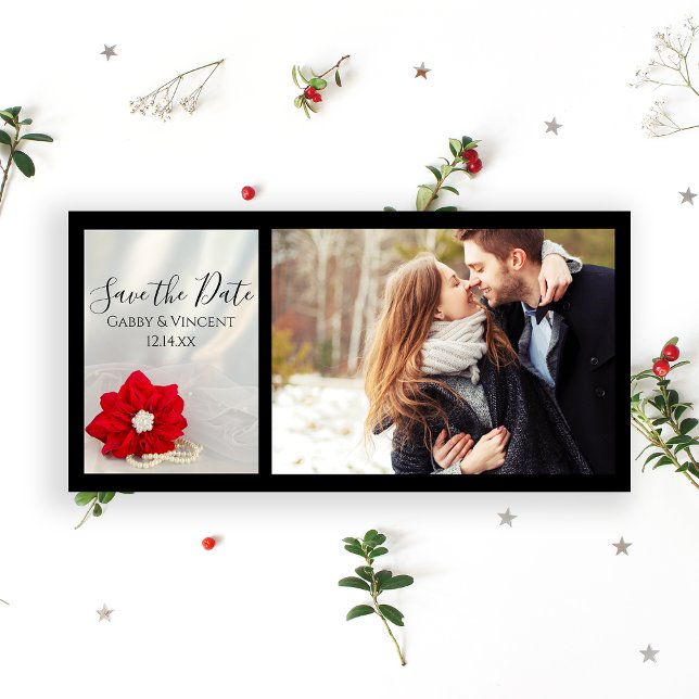 Red Poinsettia Pearls Winter Wedding Spara datumet (Announce your December wedding date with the festive Poinsettia and Pearls Save the Date Photo Card.)