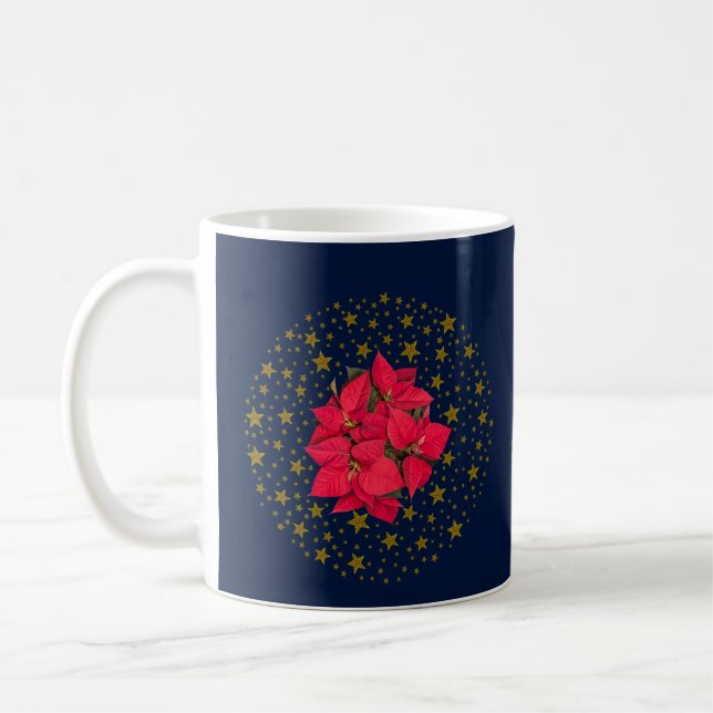 Red Poinsettia Plant on glittry Starry blå himmel Kaffemugg (Vänster)