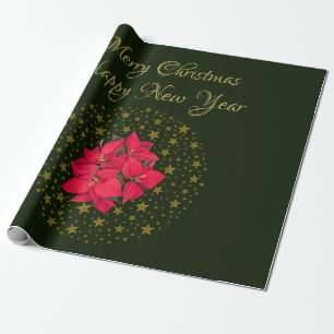 Red Poinsettia Plant på glitter Starry grönt himla Presentpapper