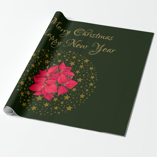 Red Poinsettia Plant på glitter Starry grönt himla Presentpapper (Utrullad)