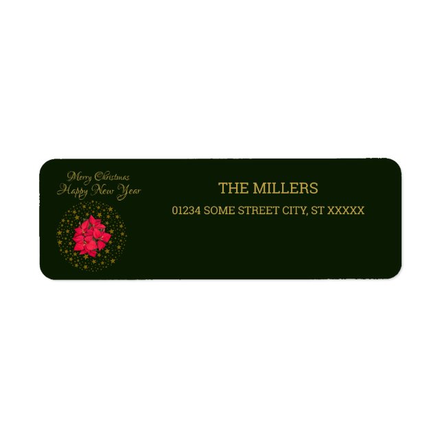 Red Poinsettia Plant på glitter Starry grönt himla Returadress Etikett (Framsidan)