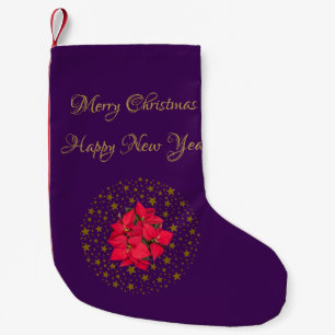 Red Poinsettia Plant på glitter Starry lila himlar Liten Julstrumpa
