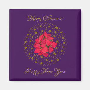 Red Poinsettia Plant på glitter Starry lila himlar Magnet