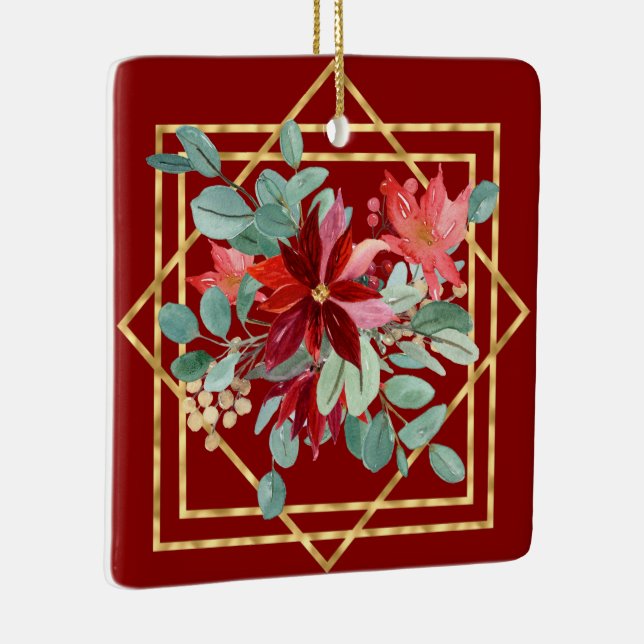 Red Poinsettia Watercolor och Guld Geo Ram Julgransprydnad Keramik (Höger)