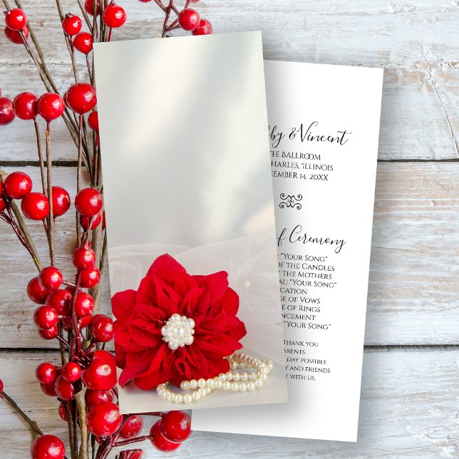 Red Poinsettia White Pearls Winter Wedding Program (Skapare uppladdad)
