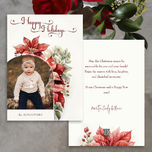 Red Poinsettias Glad helg Script Arch Photo Julkort