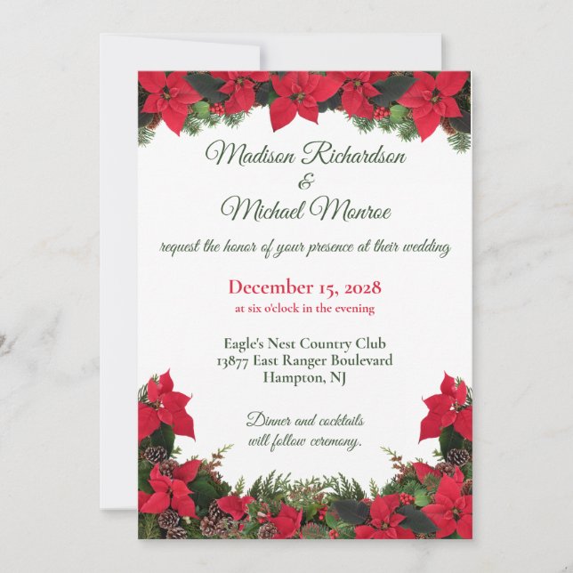 Red Poinsettias & Greenery Wedding bjudande Inbjudningar (Framsida)