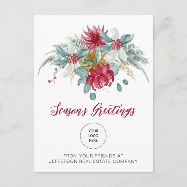 Red Poinsettias Holly Company Logotyp Business Helg Vykort (Framsida)