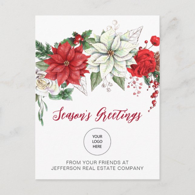 Red Poinsettias Holly Company Logotyp Business Helg Vykort (Framsida)