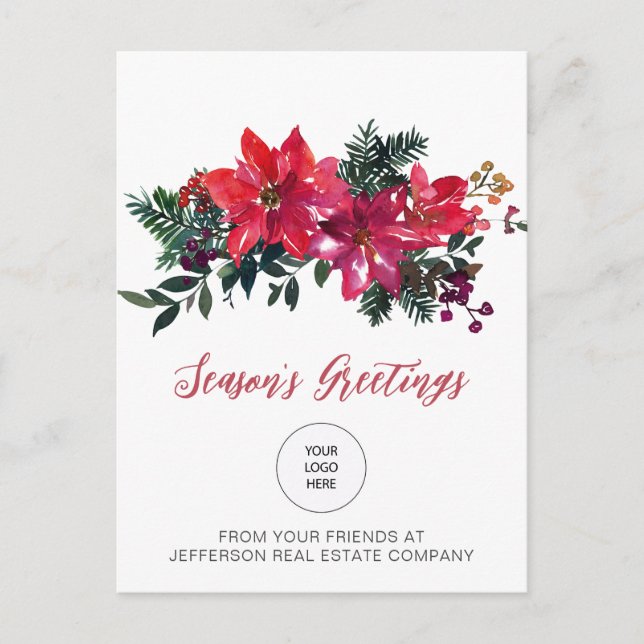 Red Poinsettias Holly Company Logotyp Business Helg Vykort (Framsida)
