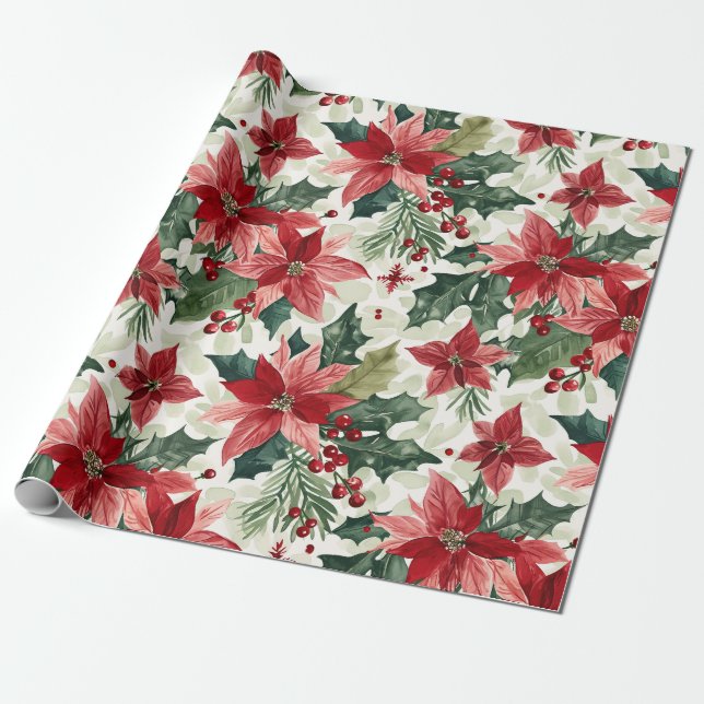 Red Poinsettias jul Presentpapper (Utrullad)