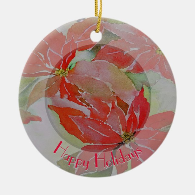 Red Poinsettias med cirkulär text Julgransprydnad Keramik (Framsidan)