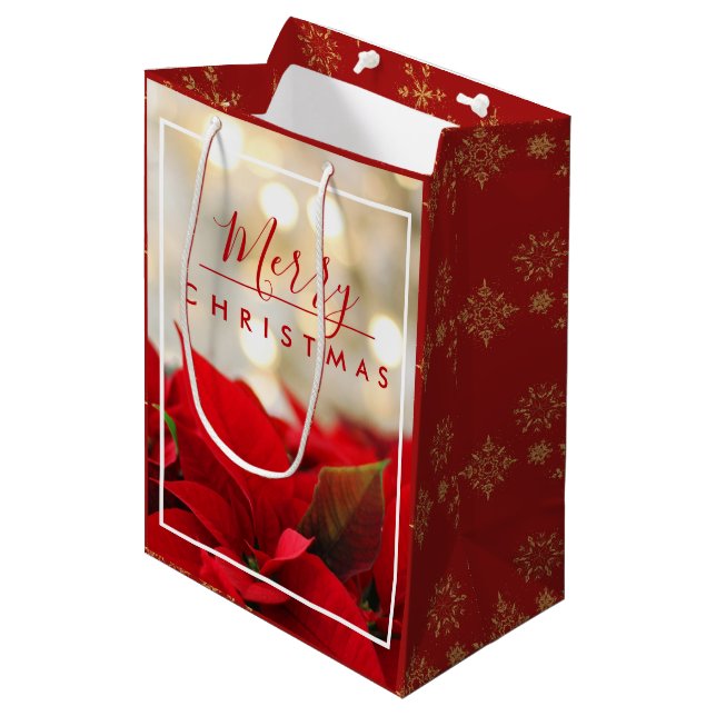 Red Poinsettias med Golden Bokeh-julen (Framsidan Vinklad)