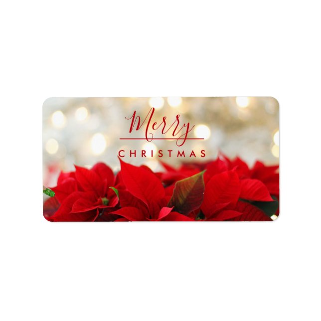 Red Poinsettias med Golden Bokeh-julen Adressetikett (Framsidan)