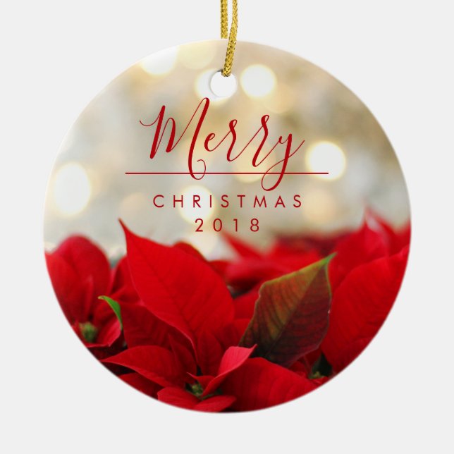 Red Poinsettias med Golden Bokeh-julen Julgransprydnad Keramik (Framsidan)