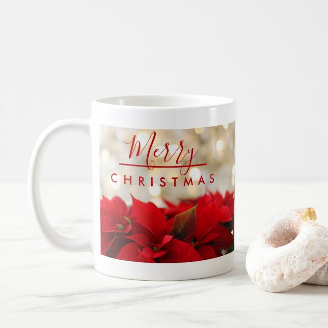 Red Poinsettias med Golden Bokeh-julen Kaffemugg (Med munk)