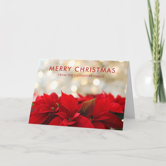 Red Poinsettias med Golden Bokeh-julen Kort (Framsida)