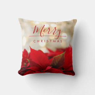 Red Poinsettias med Golden Bokeh-julen Kudde