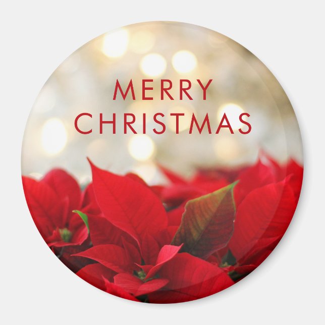 Red Poinsettias med Golden Bokeh-julen Magnet (Framsidan)