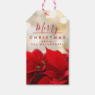 Red Poinsettias med Golden Bokeh-julen Presentetikett