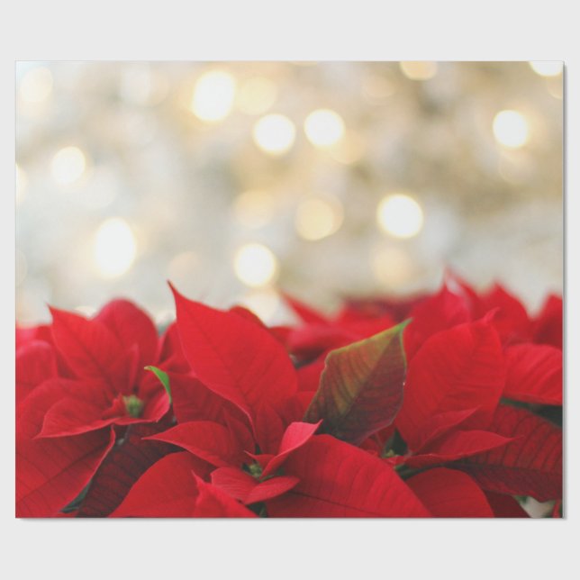 Red Poinsettias med Golden Bokeh-julen Presentpapper (Platt)