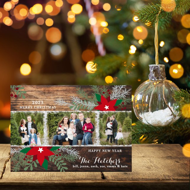 Red Poinsettias Mörk Wood God jul Card Inbjudningar (Skapare uppladdad)