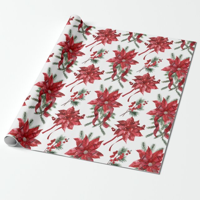 Red Poinsettias och Bows Presentpapper (Utrullad)