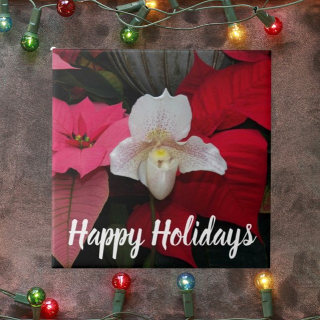 Red Poinsettias och Dam Slipper Orchid Helgdag Kakelplatta (In Situ Holiday)