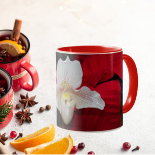 Red Poinsettias och Dam Slipper Orchid Helgdag Mugg