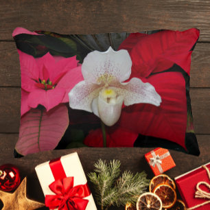 Red Poinsettias och Dam Slipper Orchid Helgdag Prydnadskudde