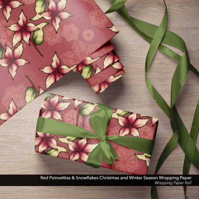 Red Poinsettias och Snöflingor jul Presentpapper (Red Poinsettias & Snowflakes Christmas and Winter Season Wrapping Paper Roll)