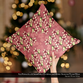 Red Poinsettias och Snöflingor Julvinter Kudde