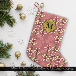 Red Poinsettias & Snöflingor Guld Monogram Liten Julstrumpa