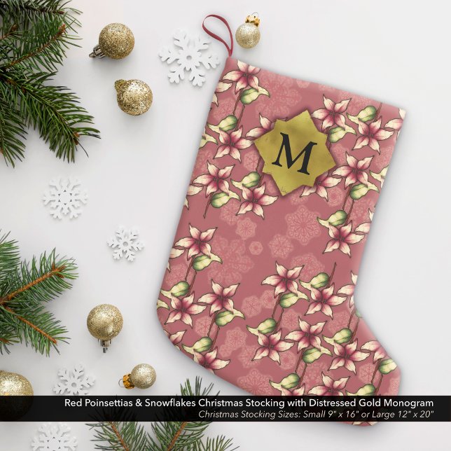 Red Poinsettias & Snöflingor Guld Monogram Liten Julstrumpa (Red Poinsettias & Snowflakes Christmas Stocking with Distressed Gold Monogram)
