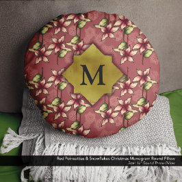 Red Poinsettias & Snöflingor jul Monogram Rund Kudde