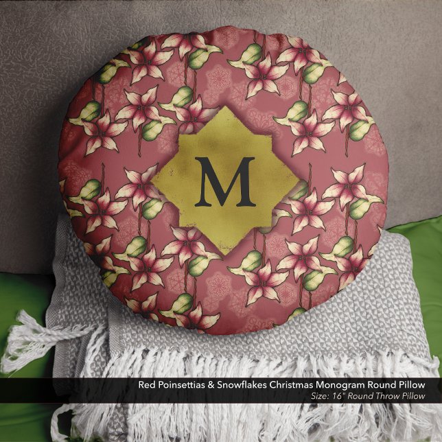 Red Poinsettias & Snöflingor jul Monogram Rund Kudde (Christmas Throw Pillow with Red Poinsettias and Snowflakes, and a Gold Monogram - Size: 16" Round)