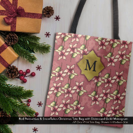 Red Poinsettias & Snöflingor jul Monogram Tygkasse